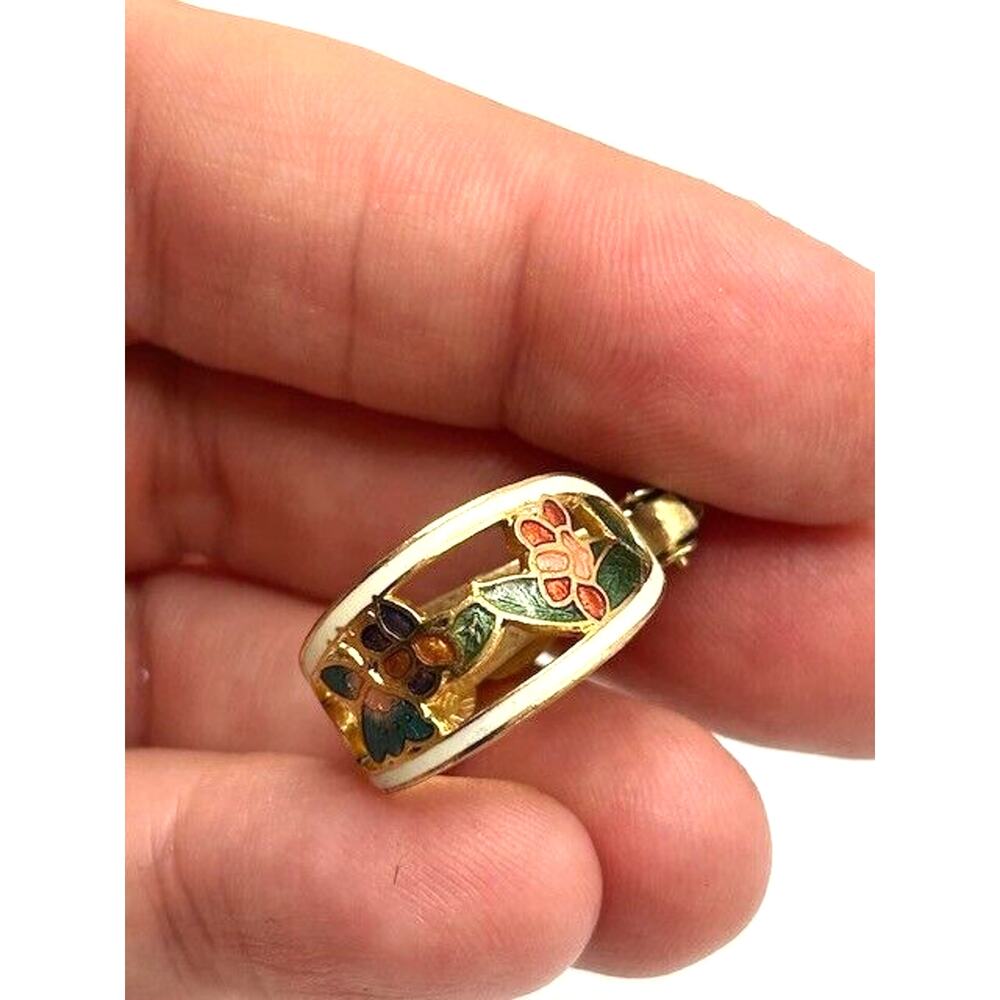 Vintage Floral Cloisonné Enamel Gold Tone Butterfly‎ Heart Hoop Clip On Earrings